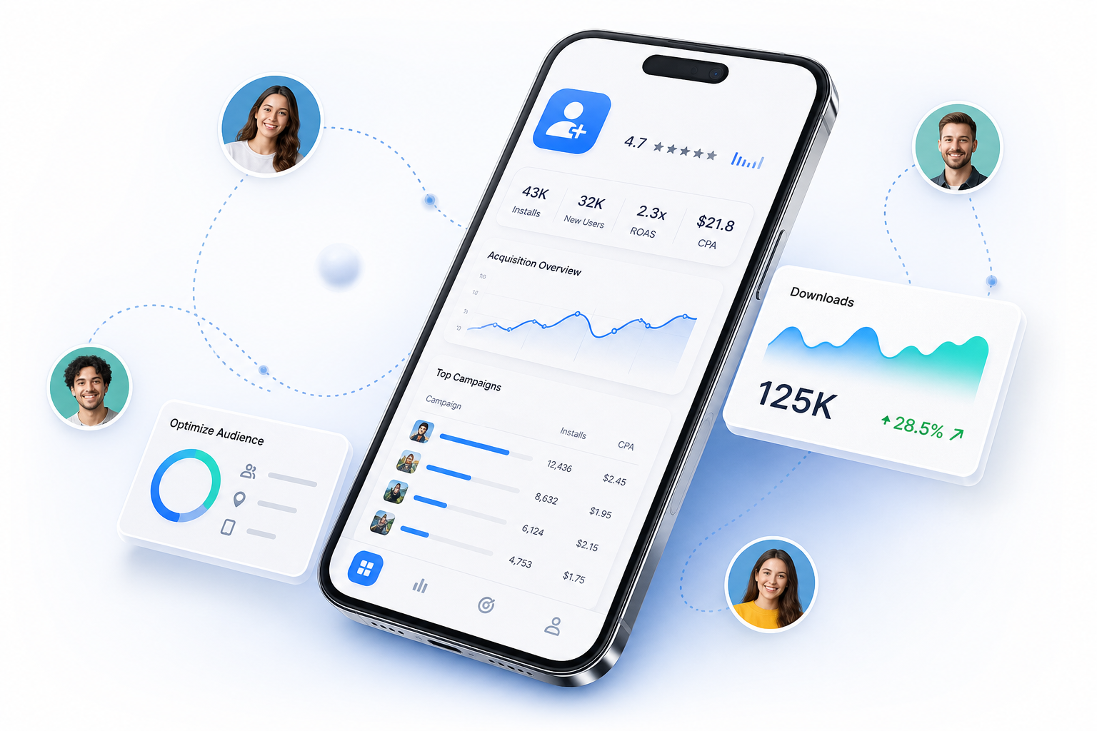 Acquire+ mobile acquisition dashboard with app download growth and audience targeting cards